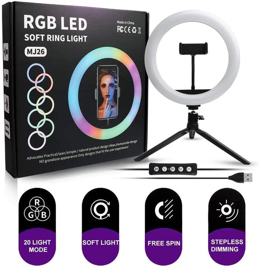 RGB LED Soft Ring Light MJ26 | 26cm (10.2”) |  Dimmable with Tripod & Phone Holder, 360° Color Modes