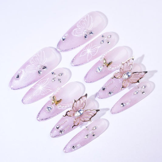 Gender Neutral Press On Nails Pink - Purple Gradient With Butterfly Art & Metal Embellishments In Stiletto Shape