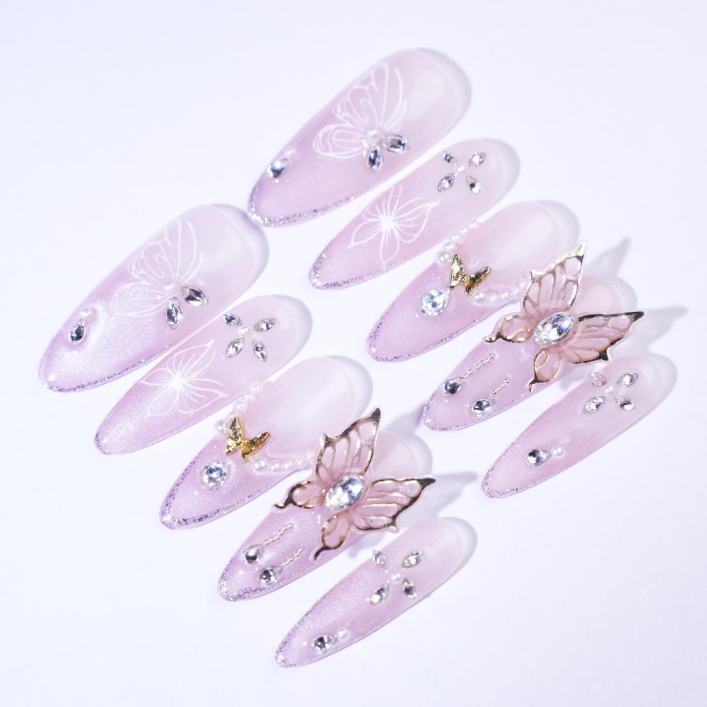 Gender Neutral Press On Nails Pink - Purple Gradient With Butterfly Art & Metal Embellishments In Stiletto Shape