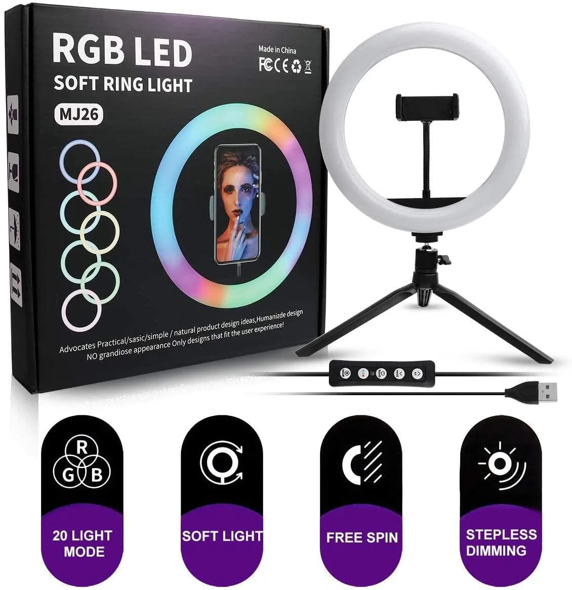 RGB LED Soft Ring Light MJ26 | 26cm (10.2”) |  Dimmable with Tripod & Phone Holder, 360° Color Modes