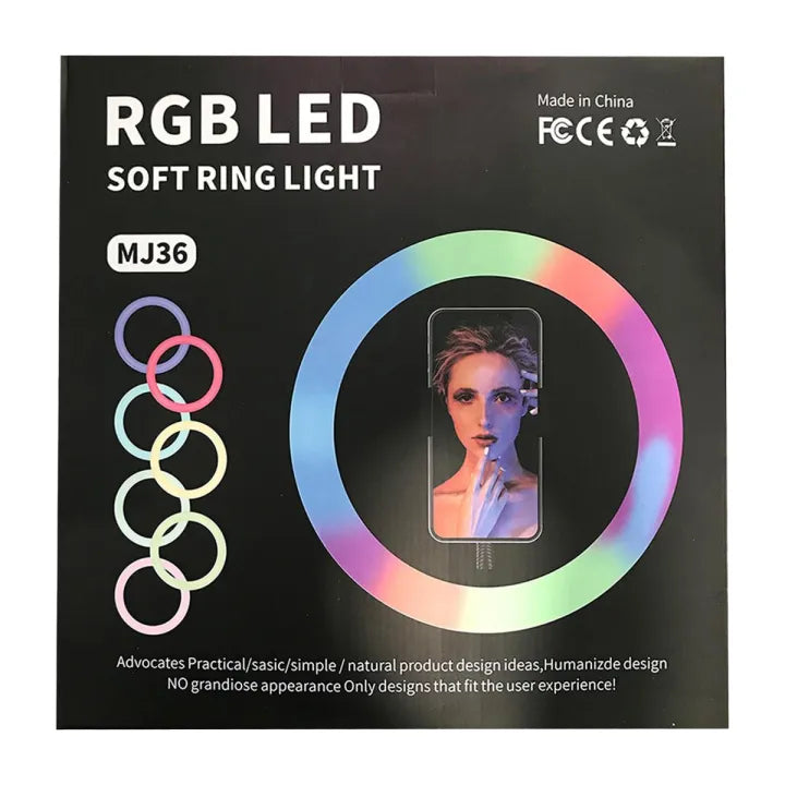 MJ36 RGB LED Soft Ring Light – 36cm | 16 Colors, Adjustable Brightness, with Phone Holder