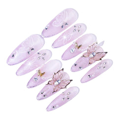 Gender Neutral Press On Nails Pink - Purple Gradient With Butterfly Art & Metal Embellishments In Stiletto Shape